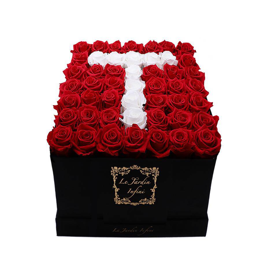Letter T White & Red Preserved Roses - Luxury Large Square Suede Black Box
