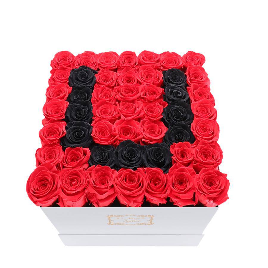 Letter U Black & Red Preserved Roses - Large Square Luxury White Box