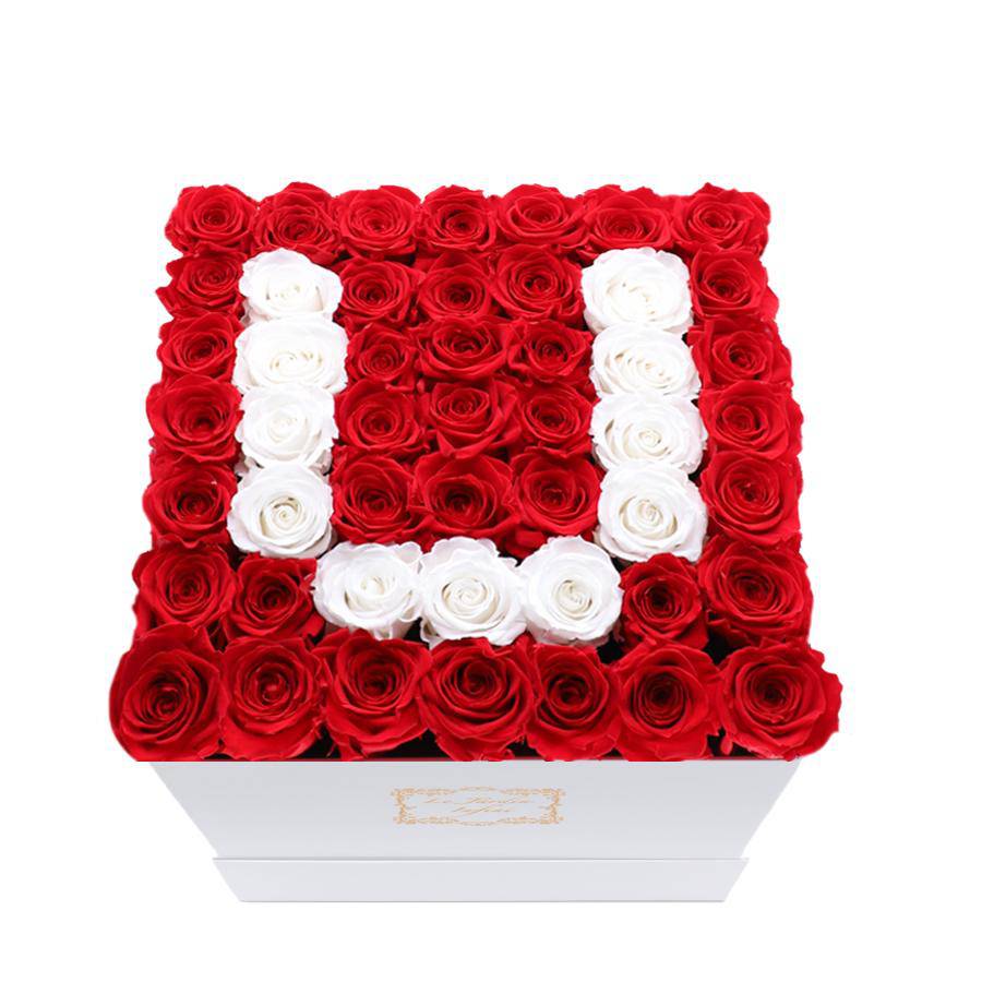 Letter U White & Red Preserved Roses - Large Square Luxury White Box