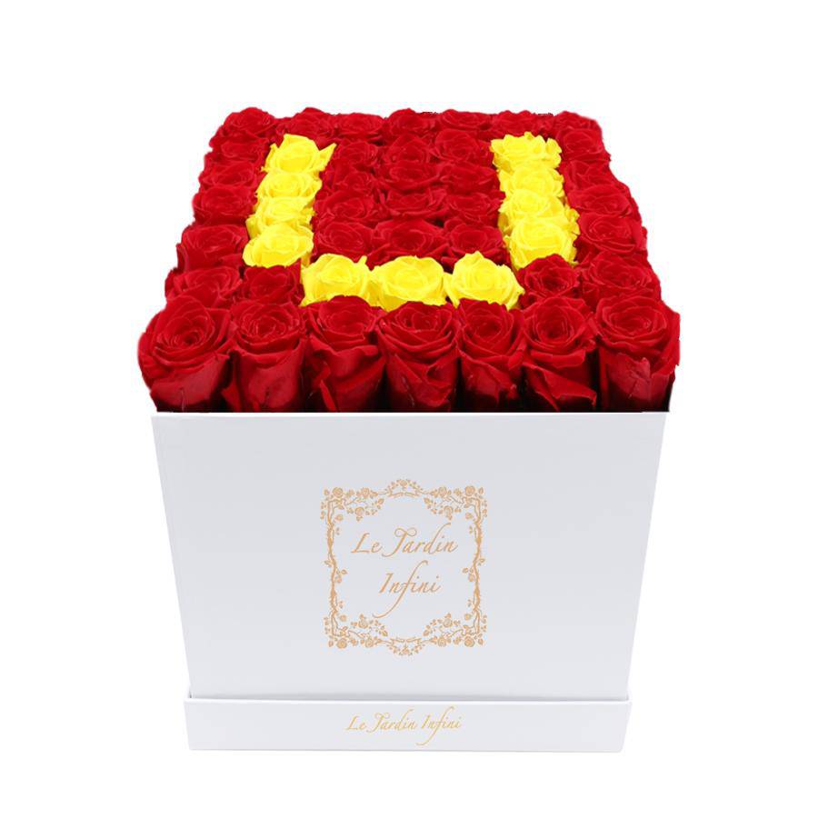 Letter U Yellow & Red Preserved Roses - Large Square Luxury White Box