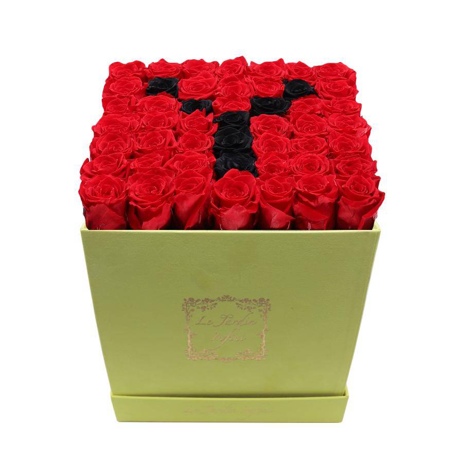 Letter Y Black & Red Preserved Roses - Large Square Luxury Yellow Suede Box