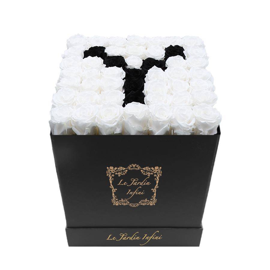 Letter Y Black & White Preserved Roses - Large Square Luxury Black Box