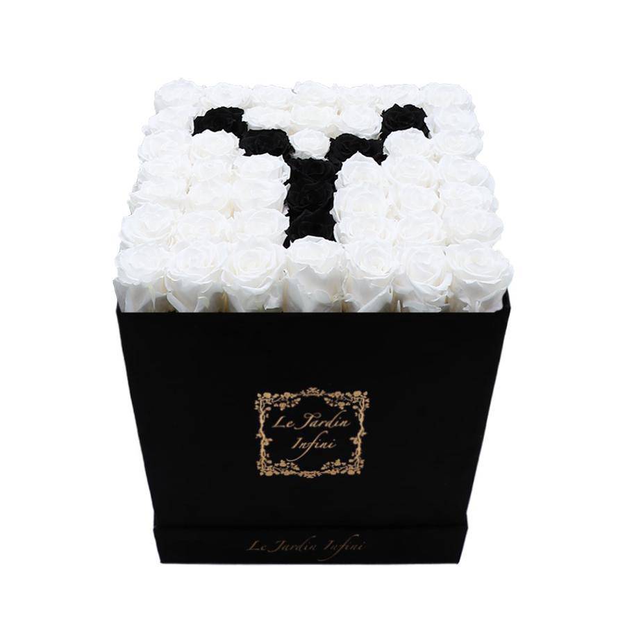 Letter Y Black & White Preserved Roses - Large Square Luxury Black Suede Box