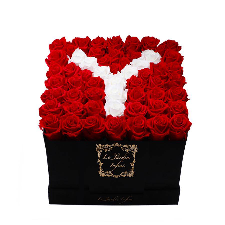 Letter Y White & Red Preserved Roses - Large Square Luxury Black Suede Box