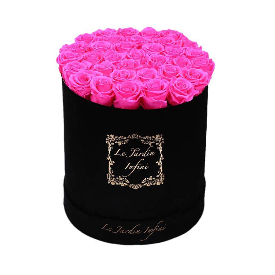 Neon Pink Preserved Roses - Large Round Luxury Black Suede Box