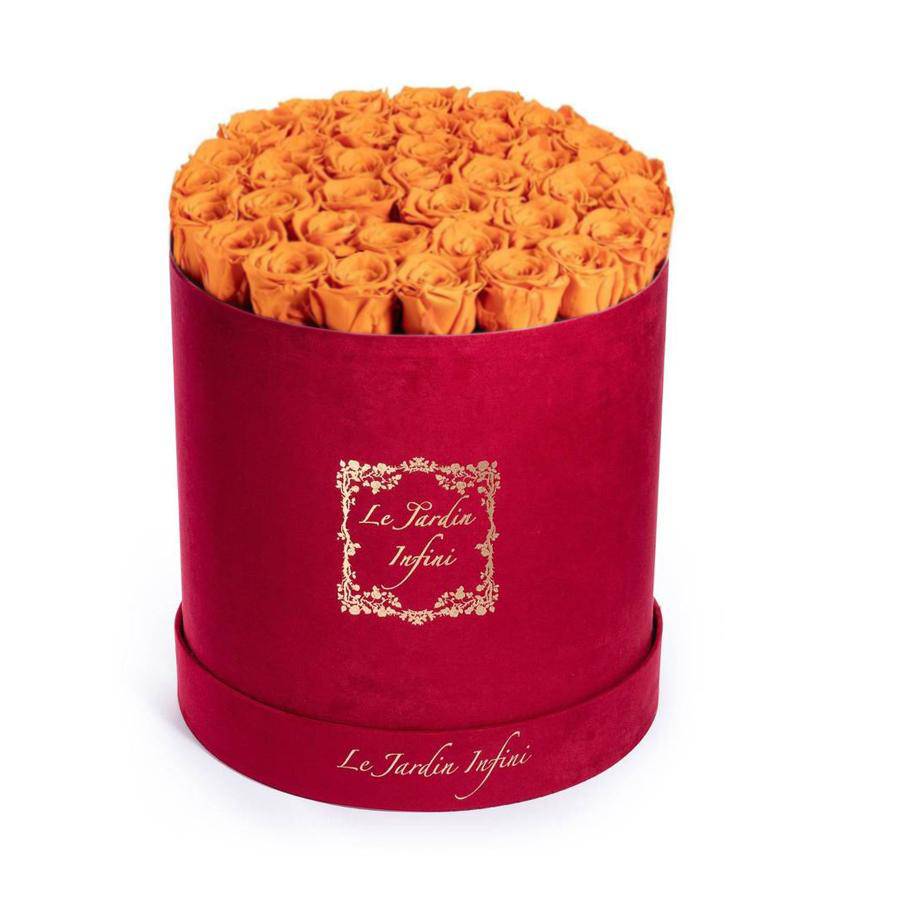 Orange Preserved Roses - Large Round Luxury Red Suede Box - Le Jardin Infini Roses in a Box