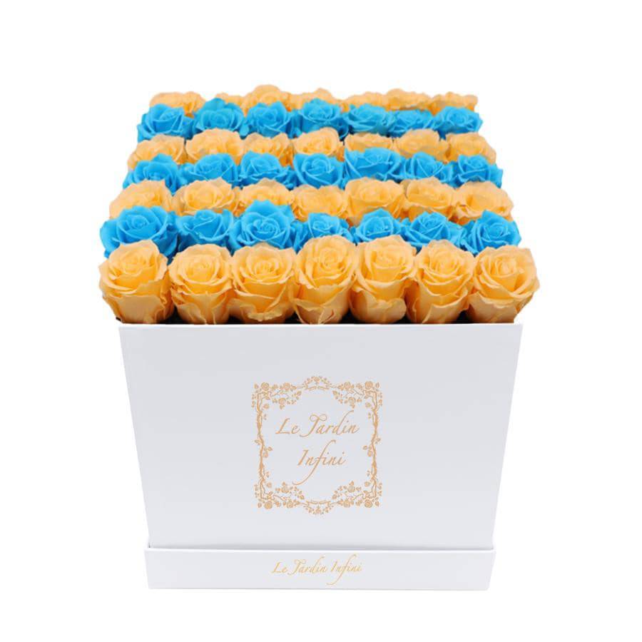 Peach & Turquoise Rows Preserved Roses - Large Square White Box - Le Jardin Infini Roses in a Box