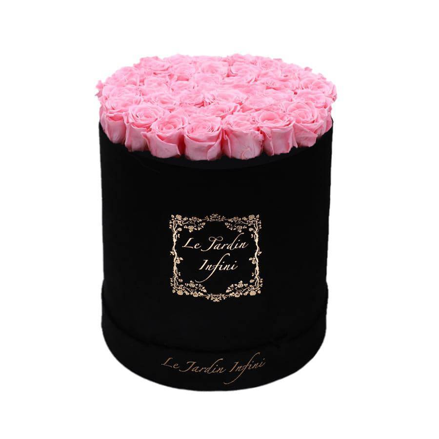Pink Preserved Roses - Large Round Luxury Black Suede Box - Le Jardin Infini Roses in a Box