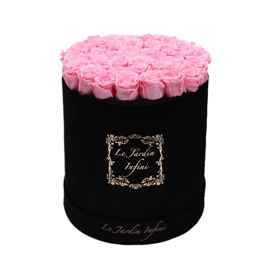 Pink Preserved Roses - Large Round Luxury Black Suede Box