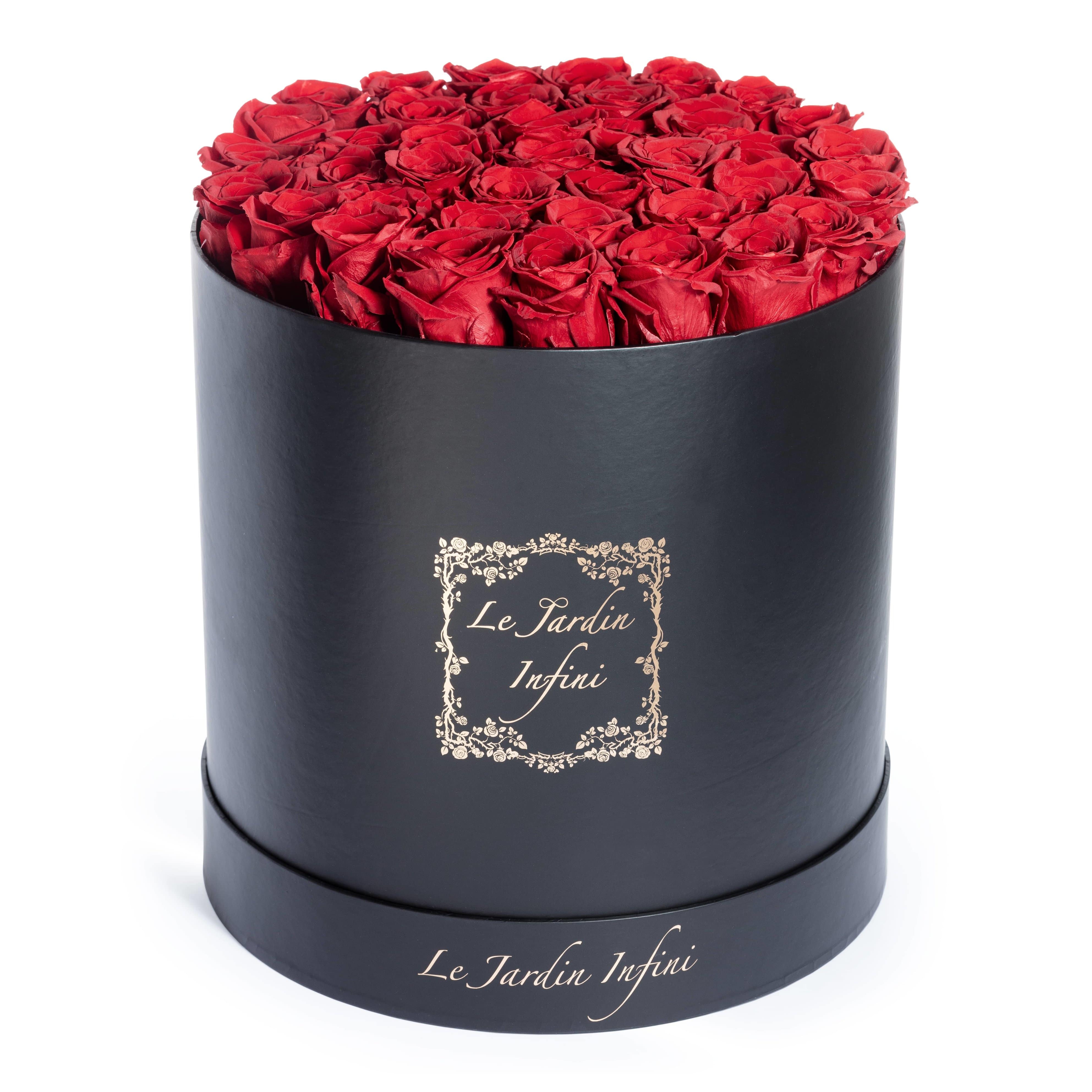 Red Preserved Roses - Large Round Black Box - Le Jardin Infini Roses in a Box