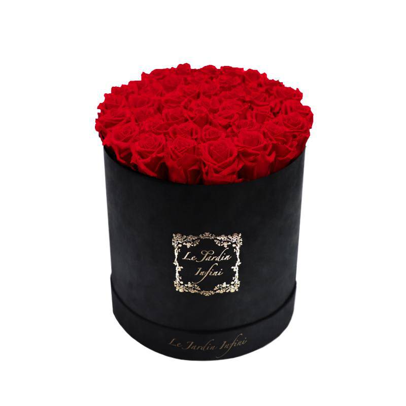 Red Preserved Roses - Large Round Luxury Black Suede Box