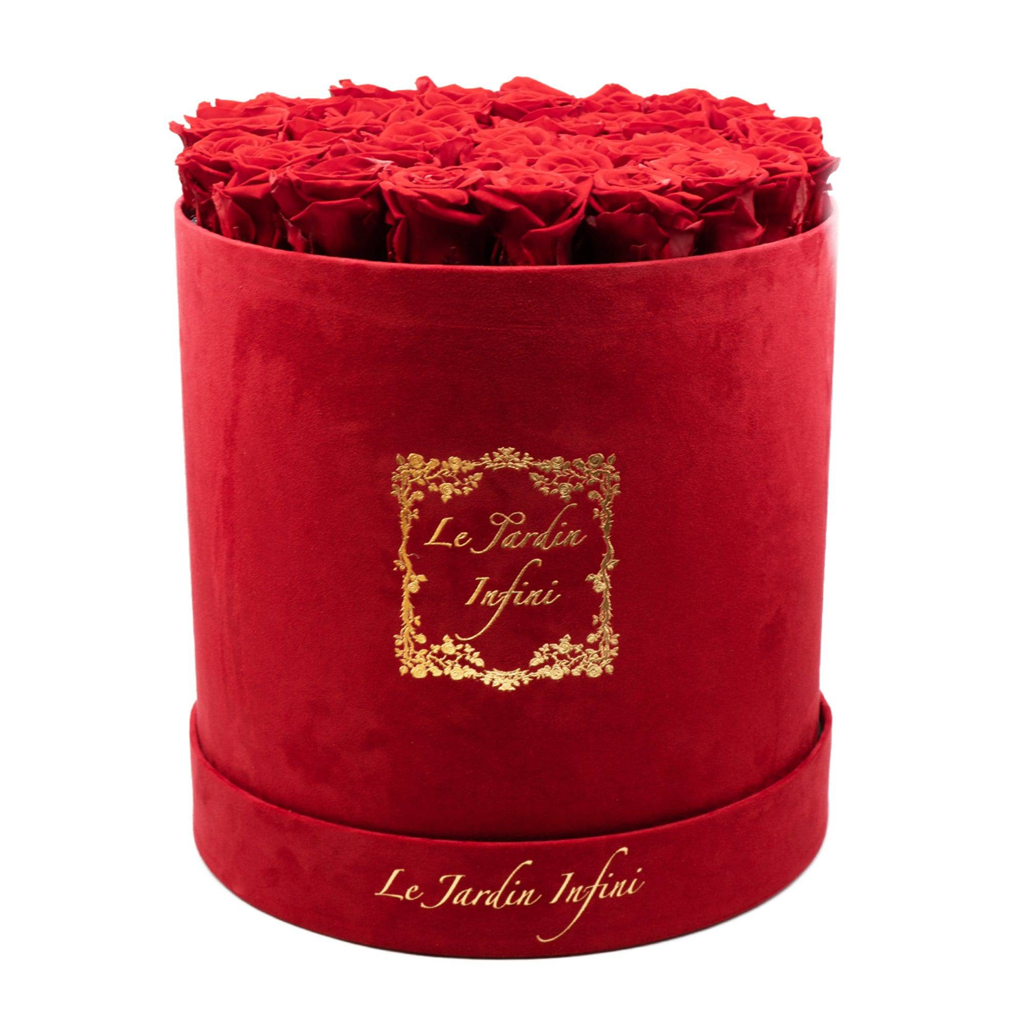 Red Preserved Roses - Large Round Luxury Red Suede Box - Le Jardin Infini Roses in a Box