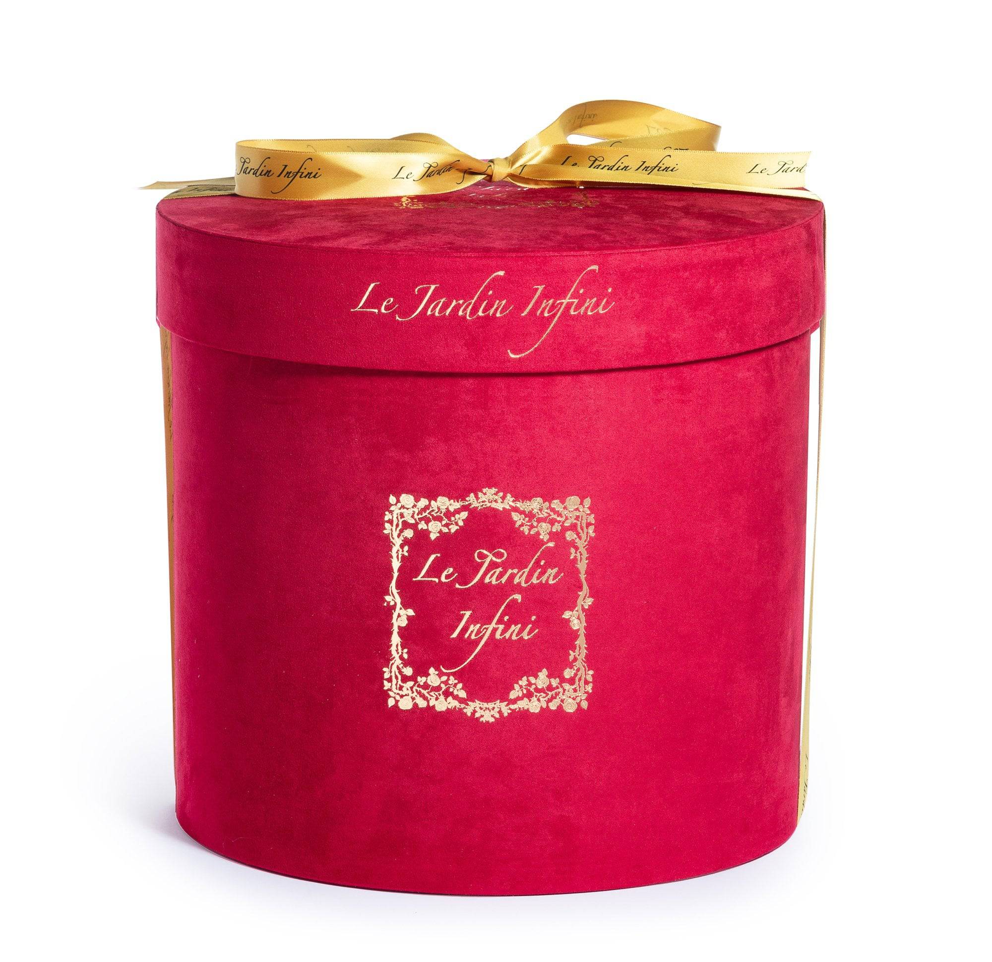 Red Preserved Roses - Large Round Luxury Red Suede Box - Le Jardin Infini Roses in a Box