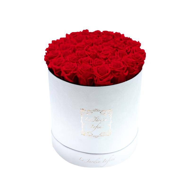 Red Preserved Roses - Large Round Luxury White Suede Box