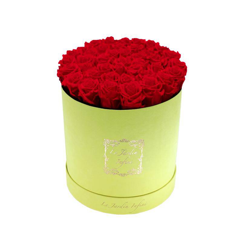 Red Preserved Roses - Large Round Luxury Yellow Suede Box