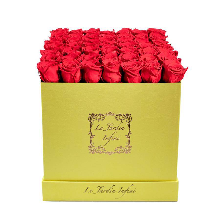 Red Preserved Roses - Large Square Luxury Yellow Suede Box