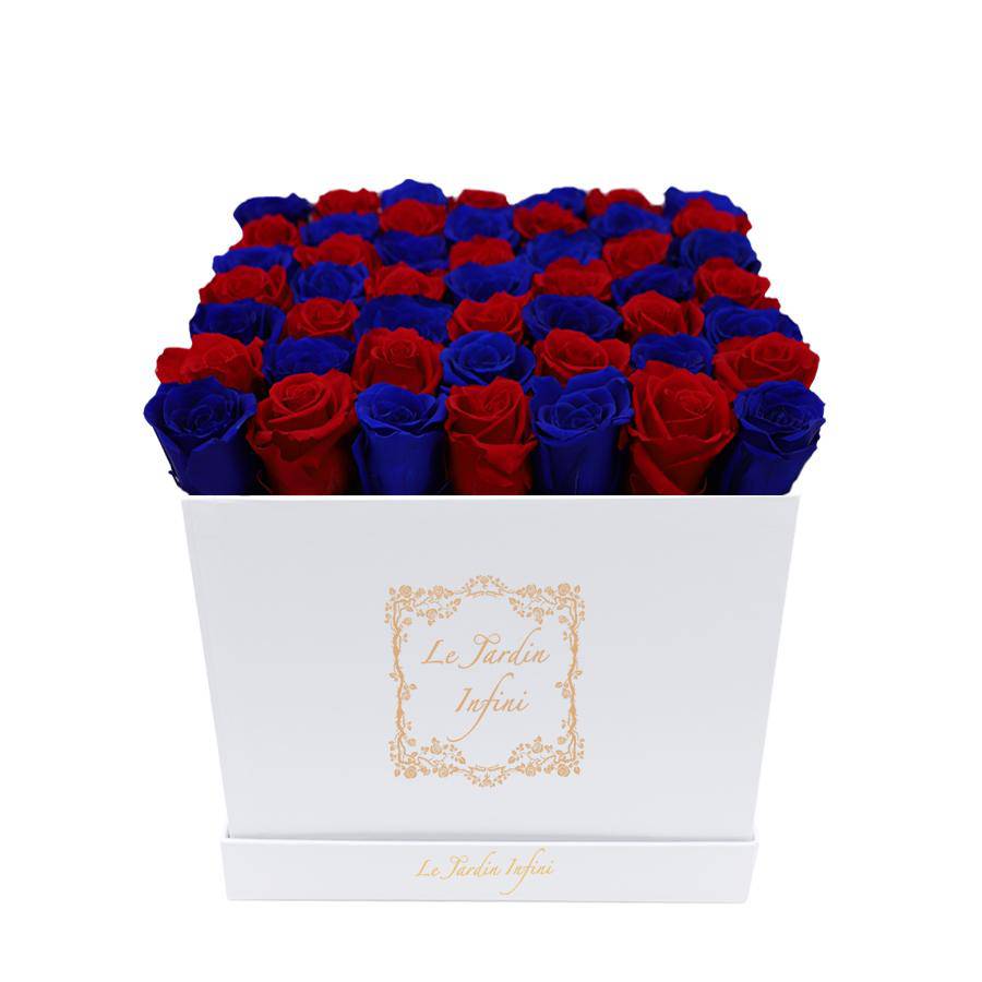 Red & Royal Blue Checker Preserved Roses - Large Square White Box