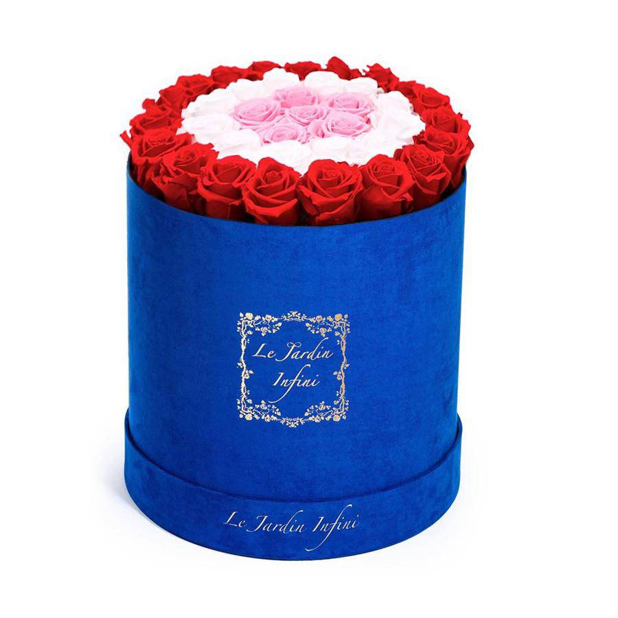 Red, Soft Pink & White Circles Preserved Roses - Large Round Luxury Blue Suede Box - Le Jardin Infini Roses in a Box