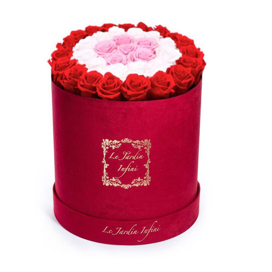 Red, Soft Pink & White Circles Preserved Roses - Large Round Luxury Red Suede Box - Le Jardin Infini Roses in a Box