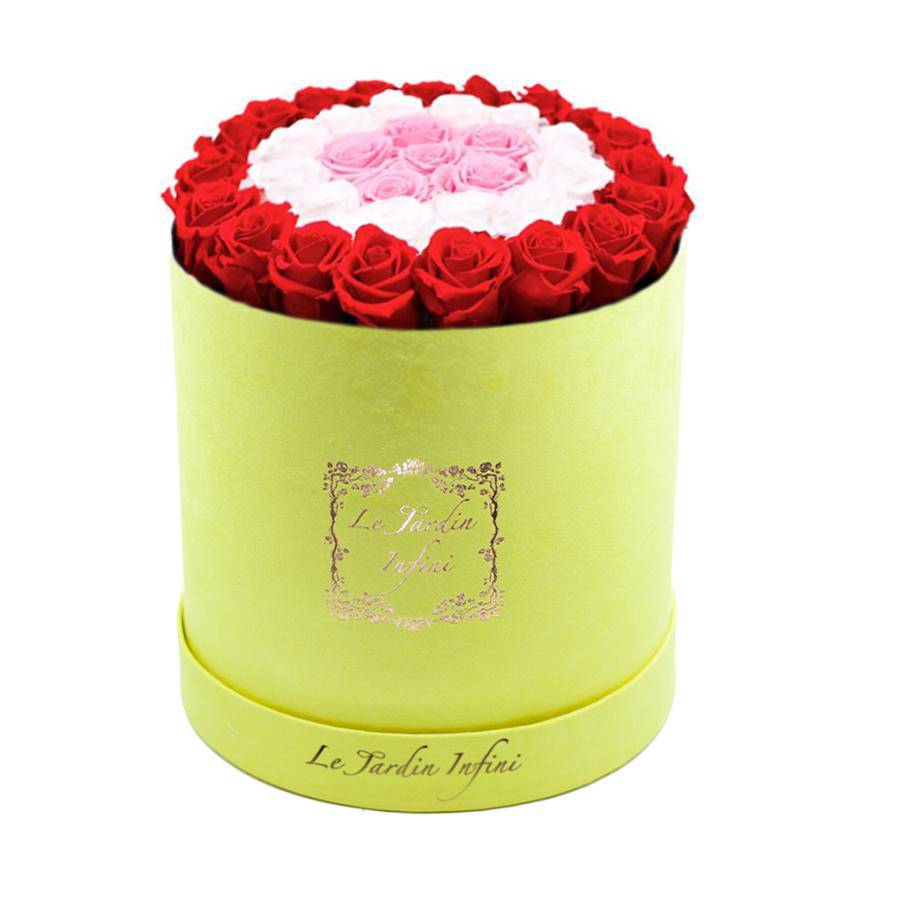 Red, Soft Pink & White Circles Preserved Roses - Large Round Luxury Yellow Suede Box