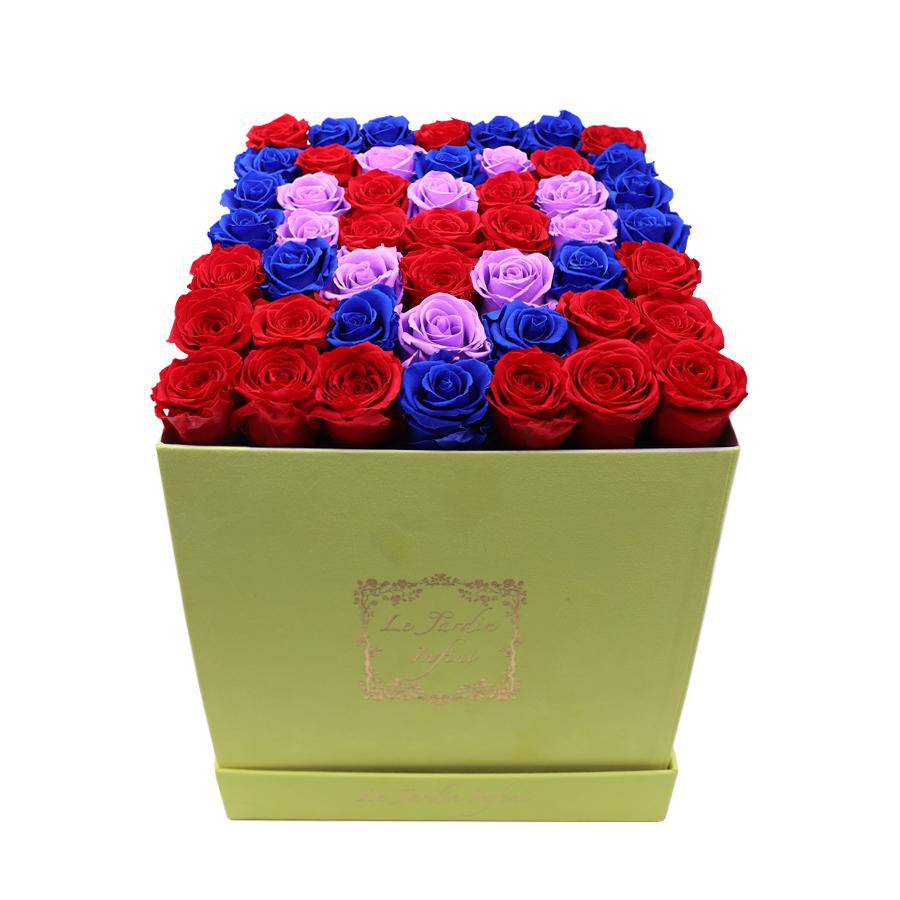 Roses for valentine's day delivery 3 Hearts Red, Royal Blue & Lilac - Large Square Luxury Yellow Suede Box