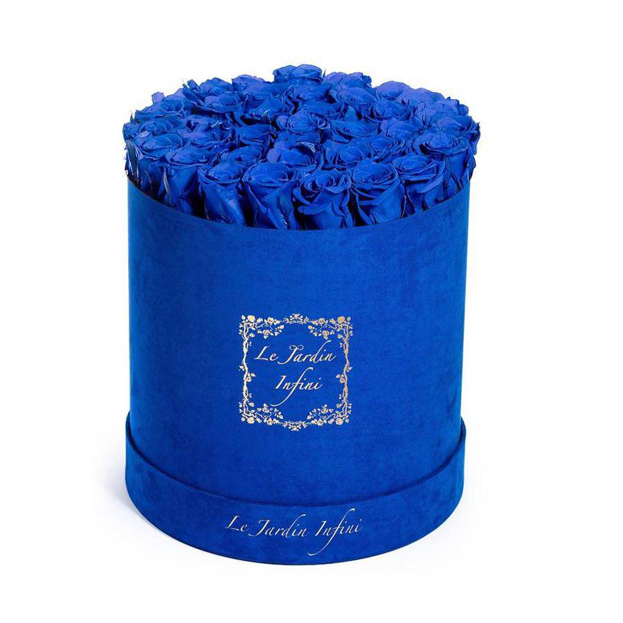 Royal Blue Preserved Roses - Large Round Luxury Blue Suede Box - Le Jardin Infini Roses in a Box