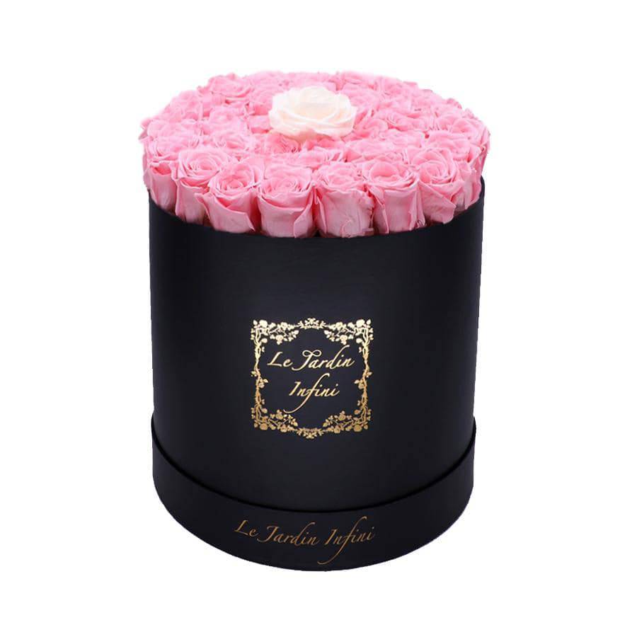 Single Champagne & Soft Pink Preserved Roses - Large Round Black Box - Le Jardin Infini Roses in a Box