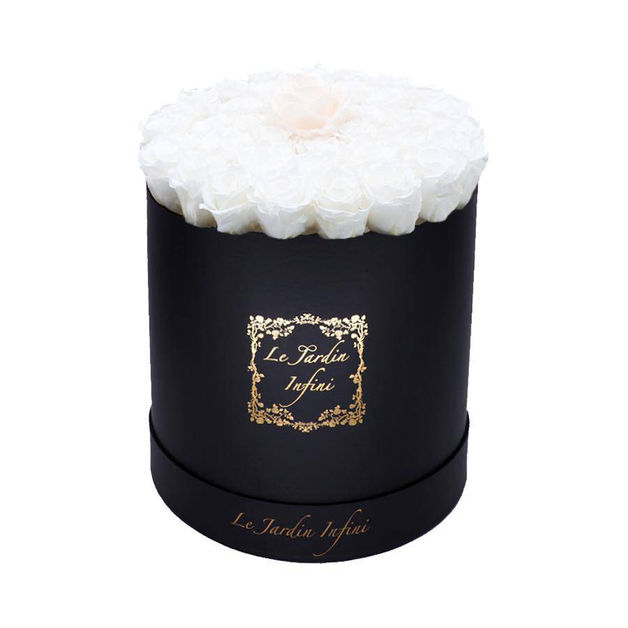 Single Champagne & White Preserved Roses - Large Round Black Box - Le Jardin Infini Roses in a Box