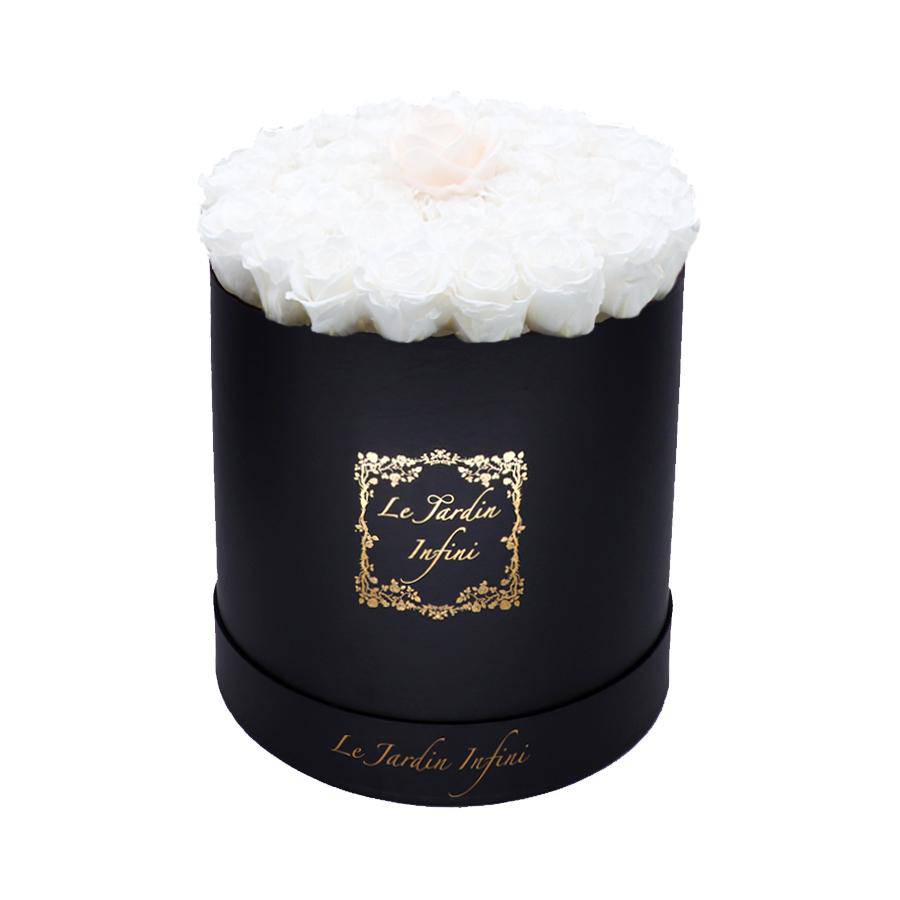 Single Champagne & White Preserved Roses - Large Round Black Box