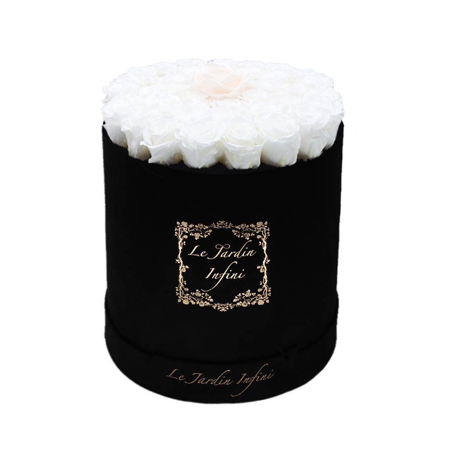 Single Champagne & White Preserved Roses - Large Round Black Suede Box - Le Jardin Infini Roses in a Box