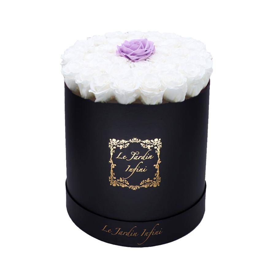 Single Lilac & White Preserved Roses - Large Round Black Box - Le Jardin Infini Roses in a Box