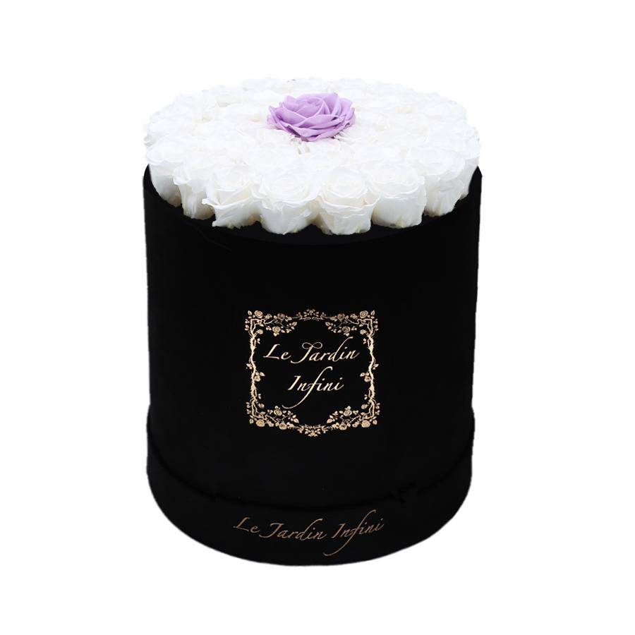 Single Lilac & White Preserved Roses - Large Round Black Suede Box - Le Jardin Infini Roses in a Box
