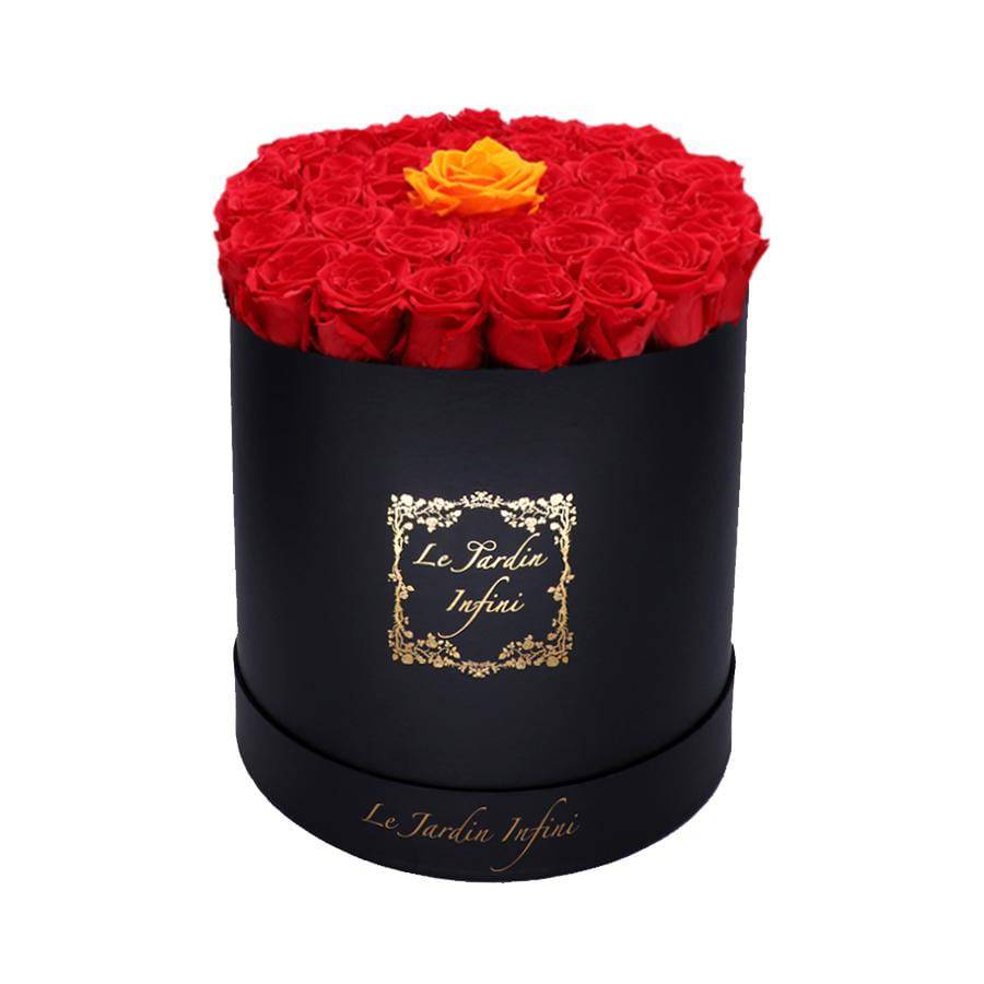 Single Orange & Red Preserved Roses - Large Round Black Box - Le Jardin Infini Roses in a Box
