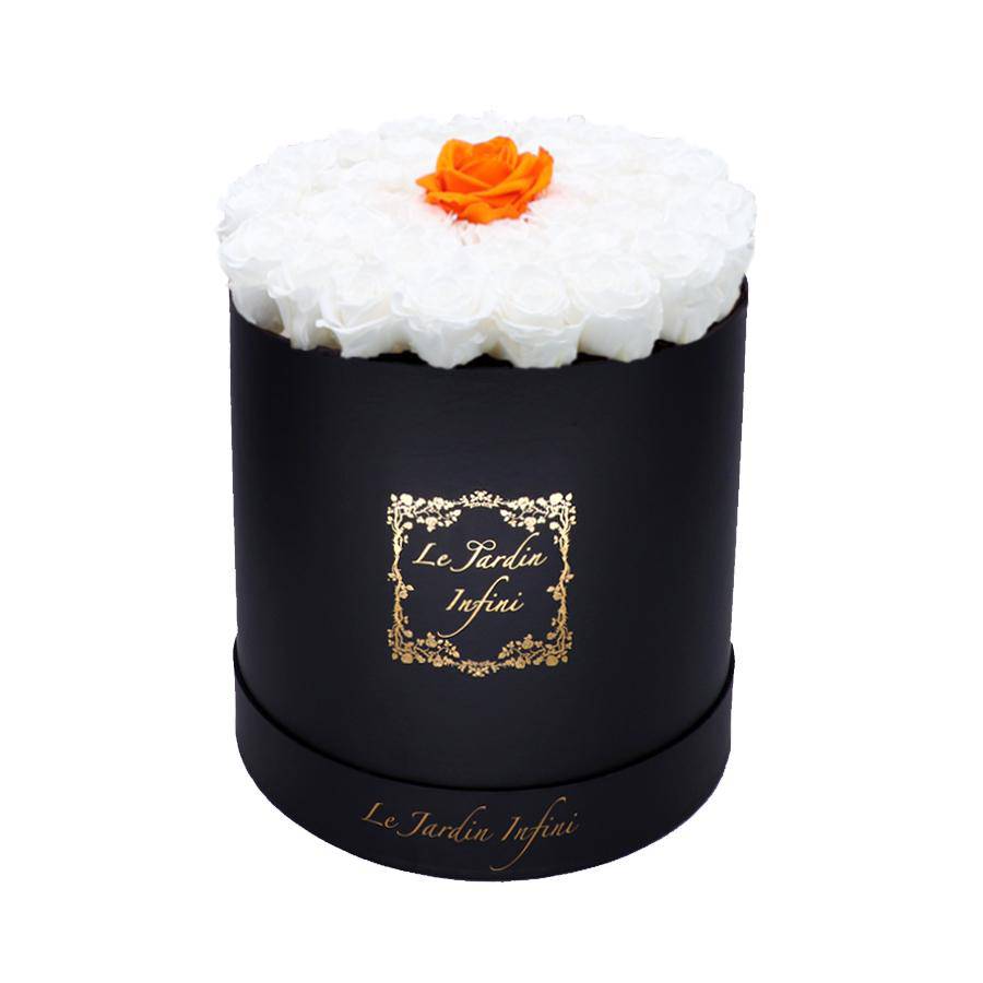 Single Orange & White Preserved Roses - Large Round Black Box - Le Jardin Infini Roses in a Box