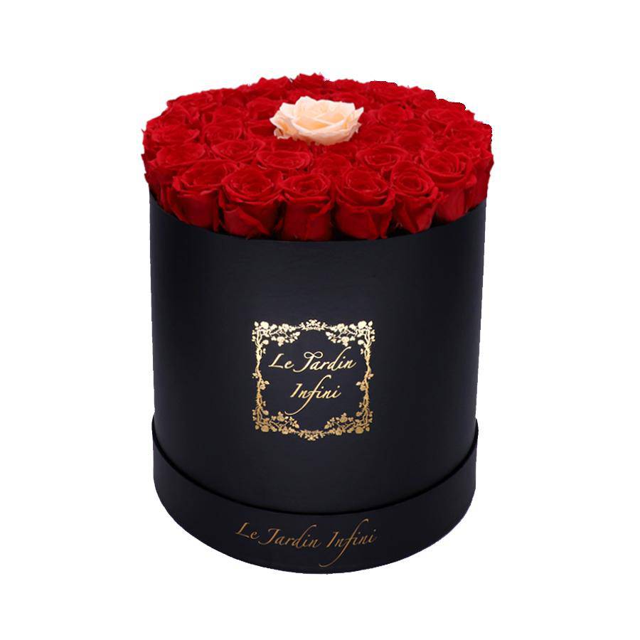 Single Peach & Red Preserved Roses - Large Round Black Box