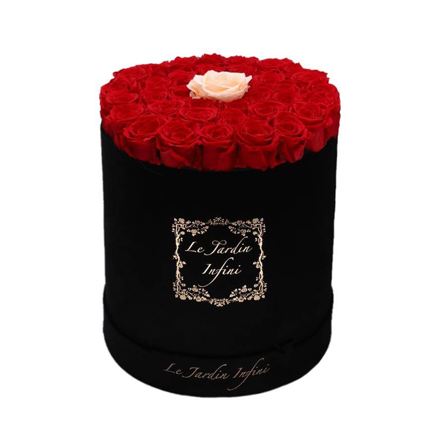 Single Peach & Red Preserved Roses - Large Round Black Suede Box