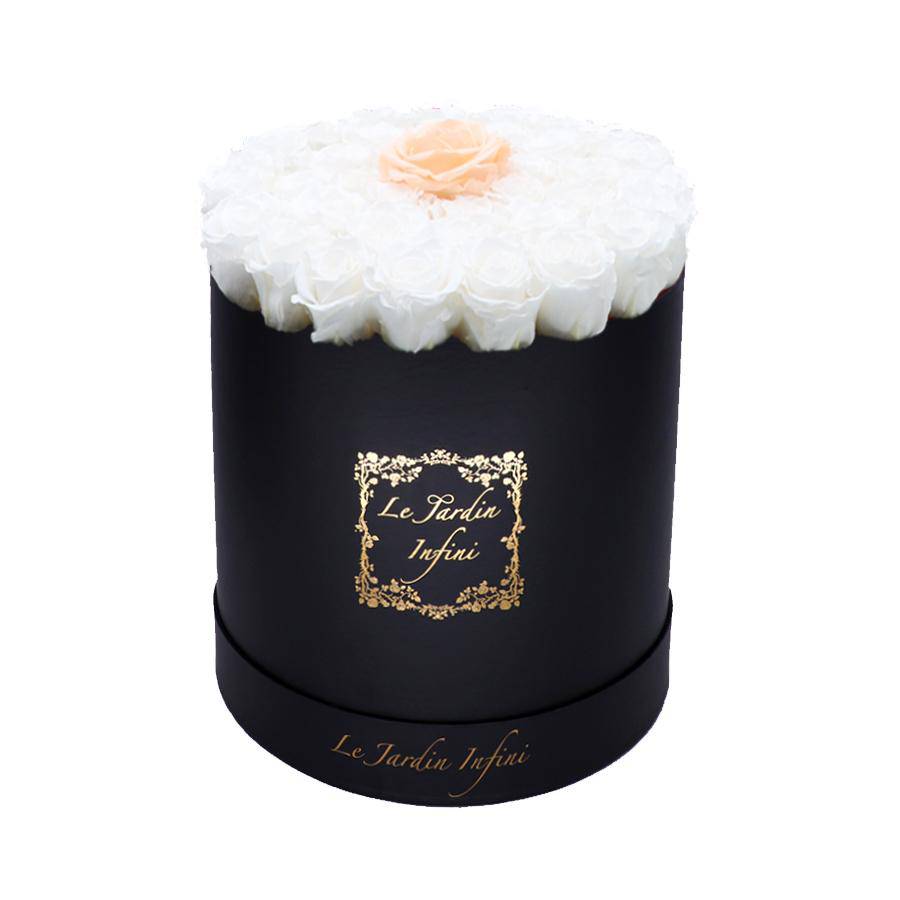 Single Peach & White Preserved Roses - Large Round Black Box