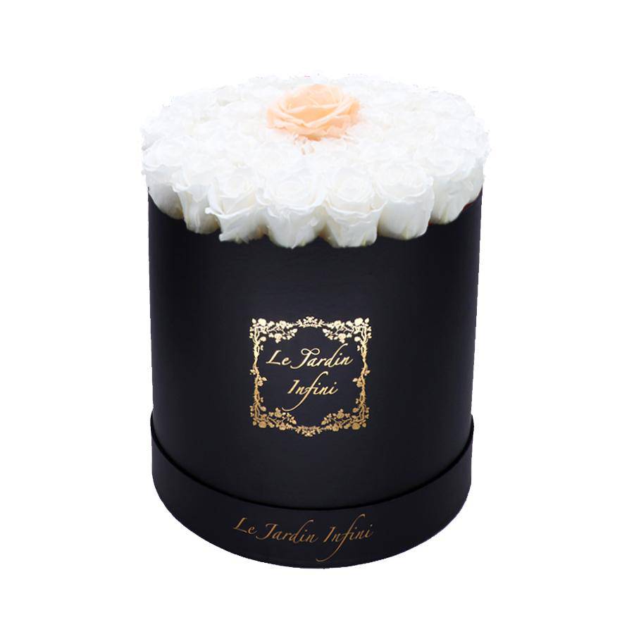 Single Peach & White Preserved Roses - Large Round Black Box - Le Jardin Infini Roses in a Box