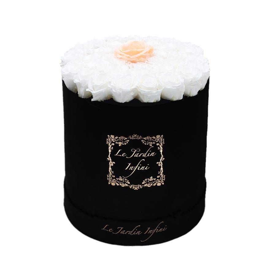 Single Peach & White Preserved Roses - Large Round Black Suede Box