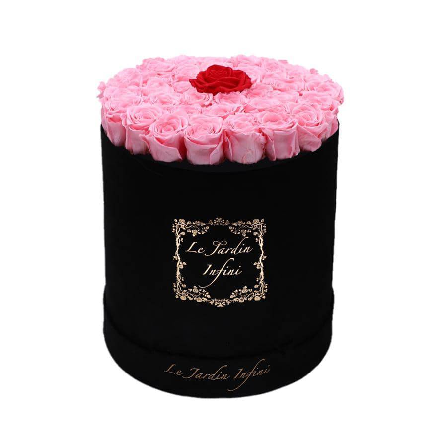 Single Red & Soft Pink Roses in a Box - Large Round Black Suede Box
