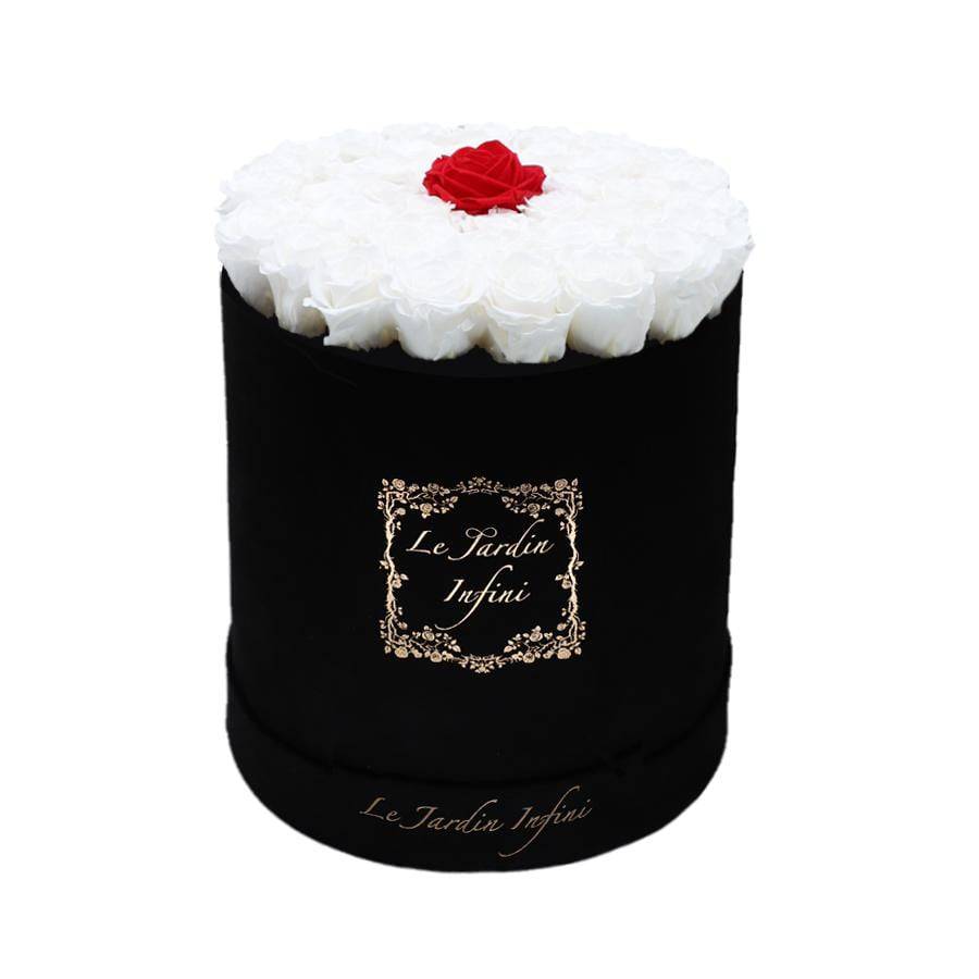 Single Red & White Roses in a Box - Large Round Black Suede Box - Le Jardin Infini Roses in a Box