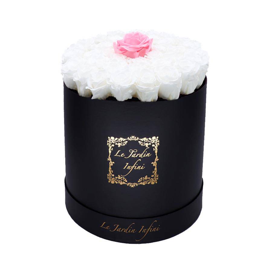 Single Soft Pink & White Preserved Roses - Large Round Black Box