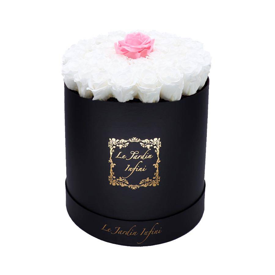 Single Soft Pink & White Preserved Roses - Large Round Black Box - Le Jardin Infini Roses in a Box