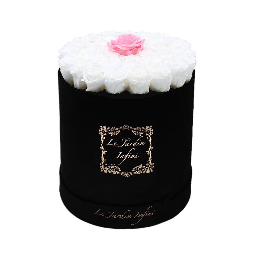 Single Soft Pink & White Preserved Roses - Large Round Black Suede Box - Le Jardin Infini Roses in a Box