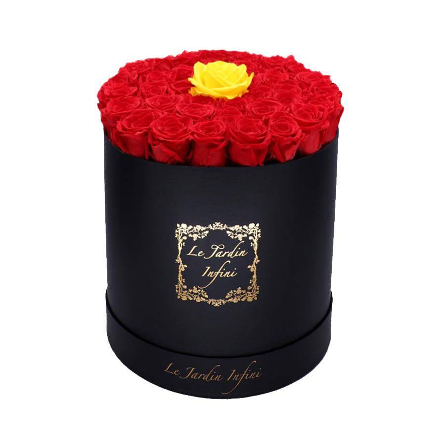 Single Warm Yellow & Red Preserved Roses - Large Round Black Box
