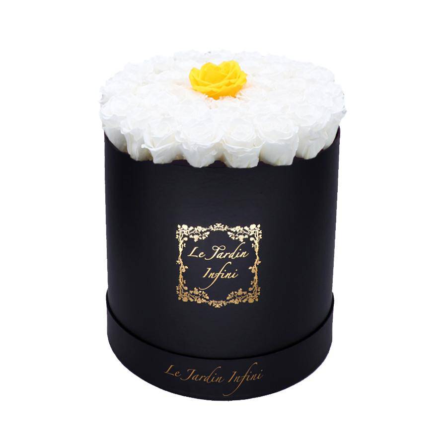 Single Warm Yellow & White Preserved Roses - Large Round Black Box