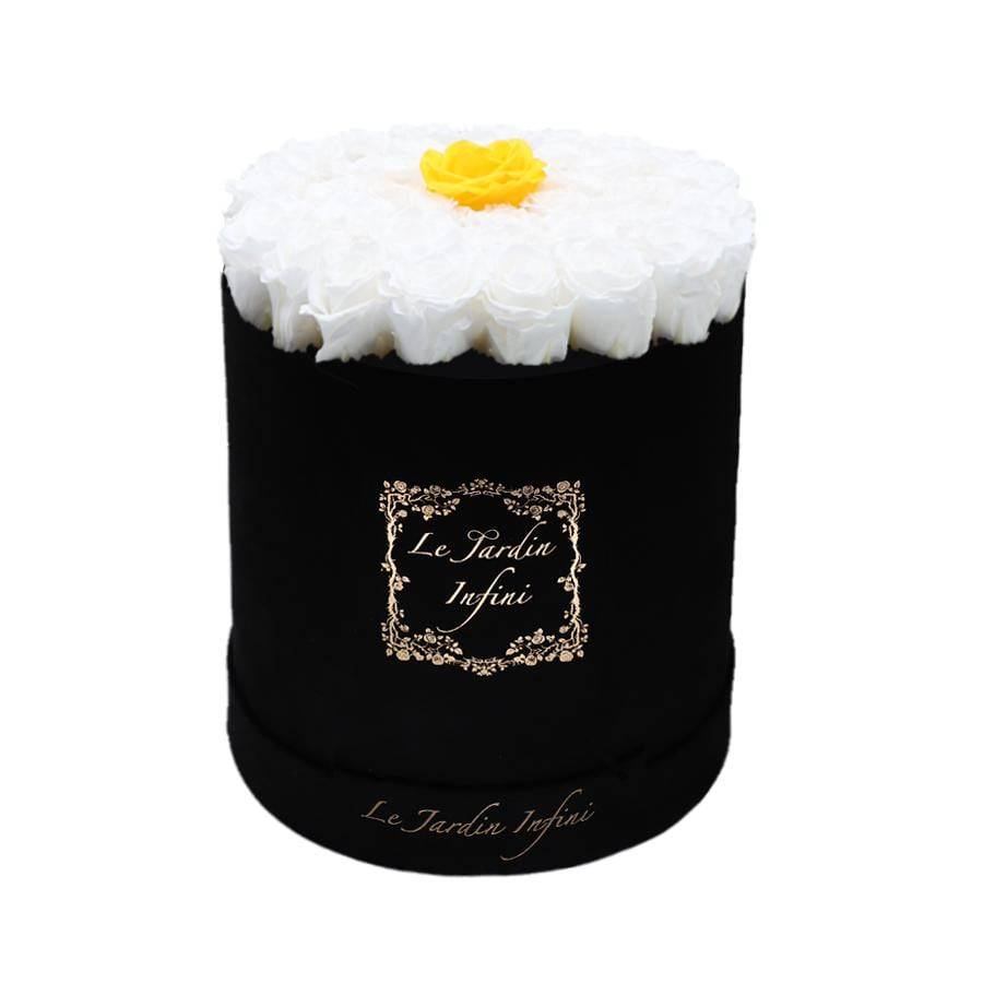 Single Warm Yellow & White Preserved Roses - Large Round Black Suede Box - Le Jardin Infini Roses in a Box