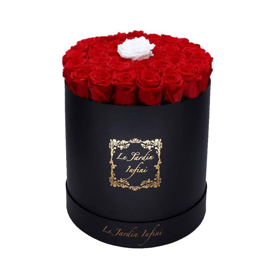 Single White & Red Preserved Roses - Large Round Black Box - Le Jardin Infini Roses in a Box