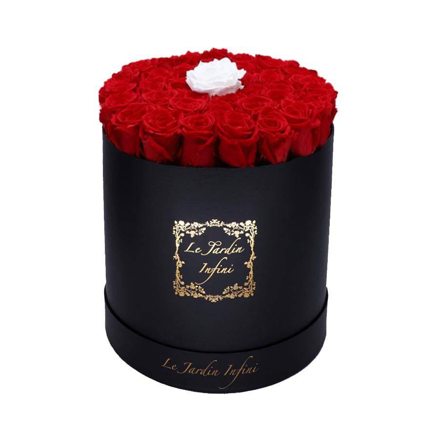 Single White & Red Preserved Roses - Large Round Black Box - Le Jardin Infini Roses in a Box