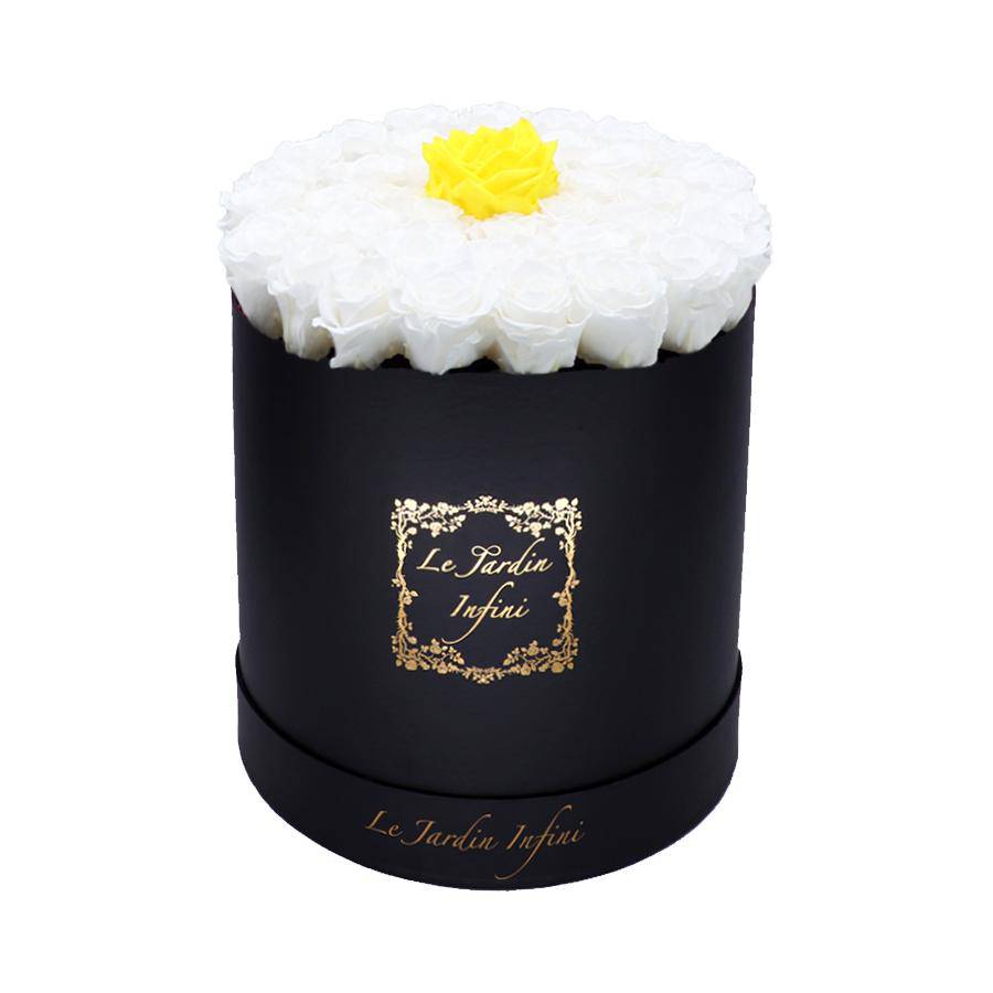 Single Yellow & White Preserved Roses - Large Round Black Box
